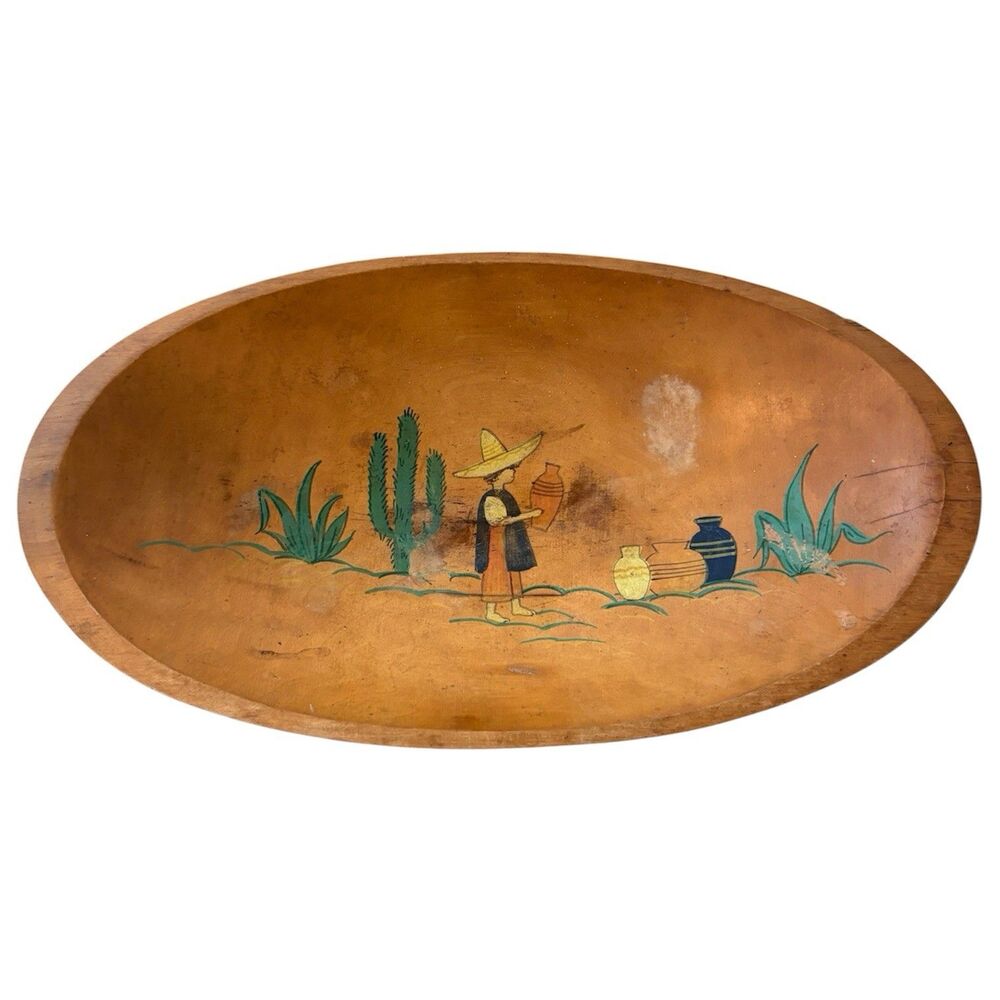⁠1930s VTG HandPainted Wood DoughBowl Mexican Southwestern Cactus 17" World Fair